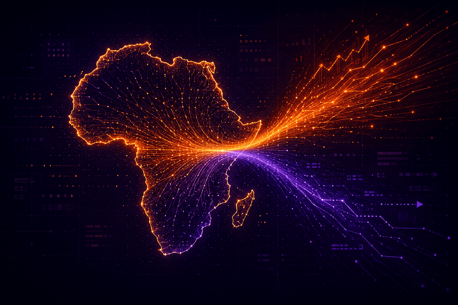 Abstract visualization of African continent outlined in glowing data streams splitting into two divergent paths against a dark technology grid
